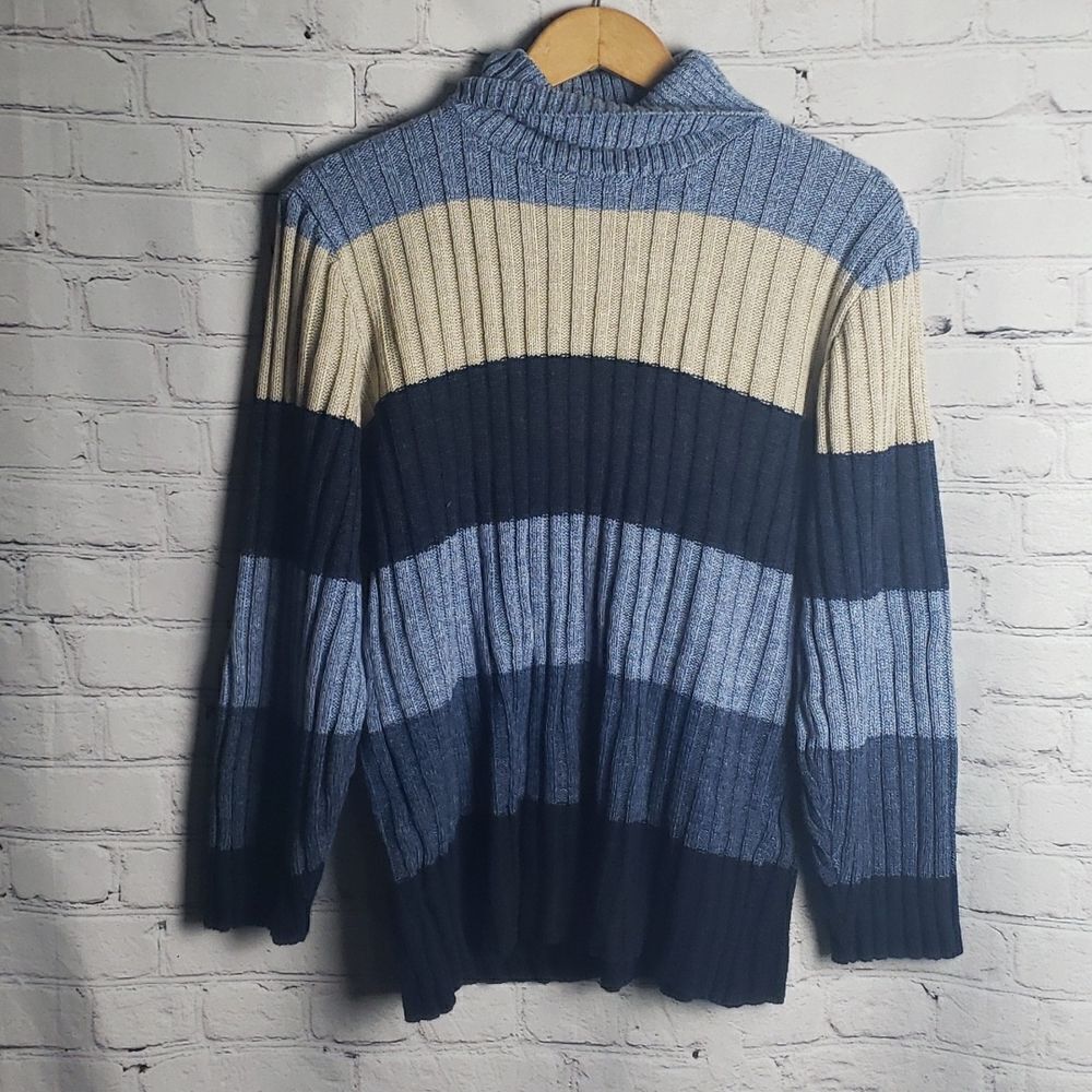 Blue and White Turtleneck Sweater